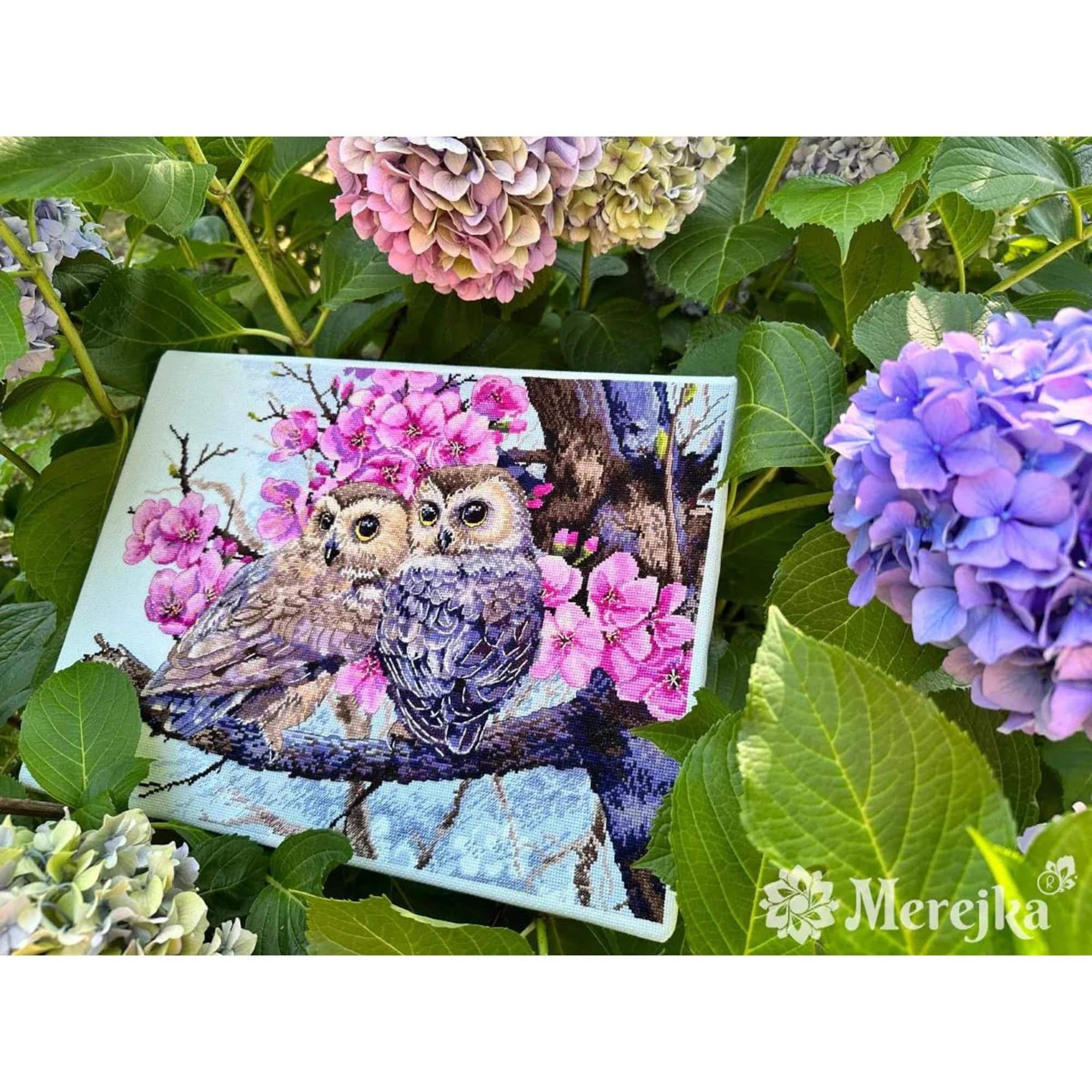 Merejka® Two Owls in Spring Blossom Counted Cross Stitch Kit